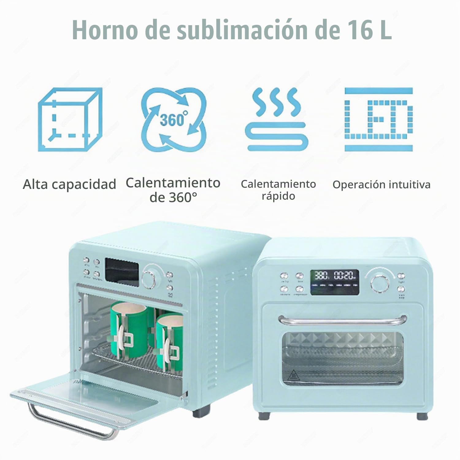 Horno de sublimación Azul, Pantalla Digital LED, Calentamiento rápido de 360°, para sublimación de Vasos, Tazas, Botellas de Agua y Transferencia a Granel 16L
