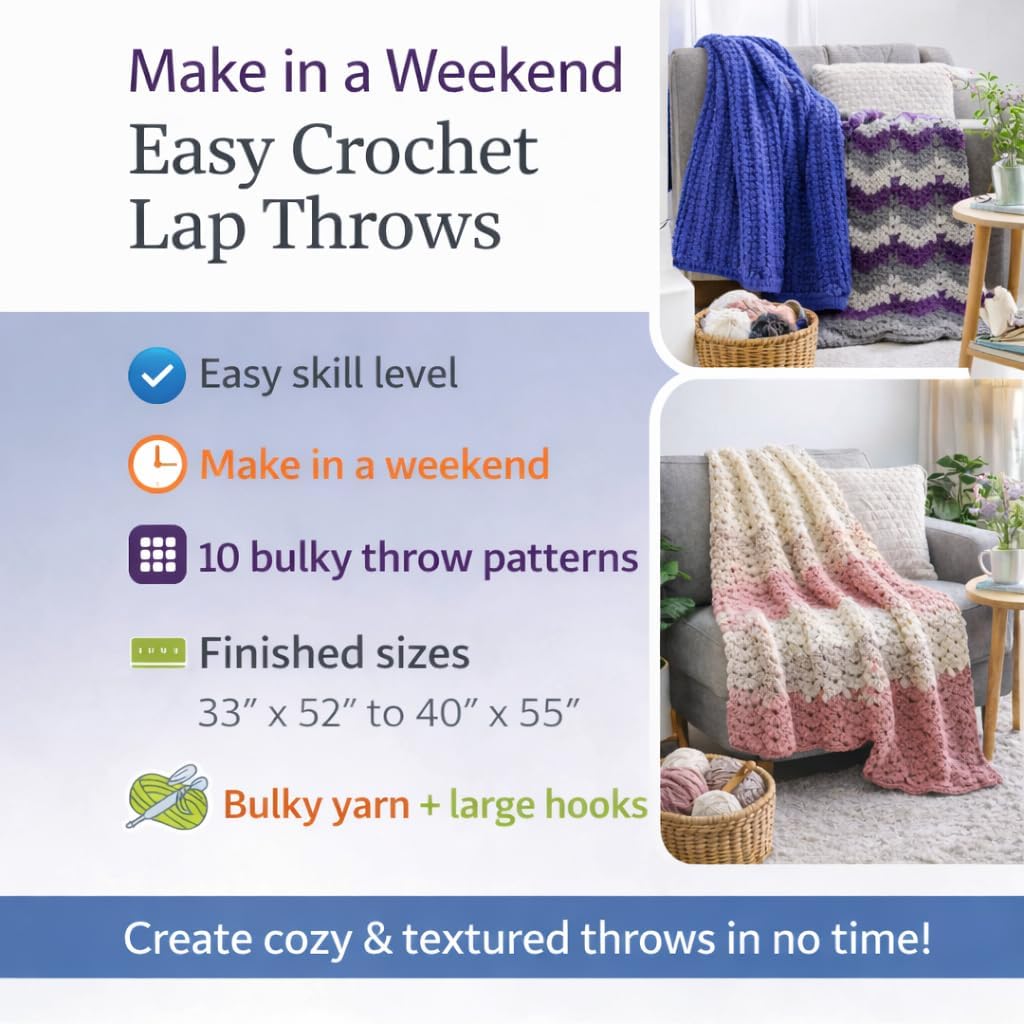 Leisure Arts Make in A Weekend Textured Lap Throws Crochet Book, Easy Bulky Yarn Throw Patterns, You Can Finish in a Weekend