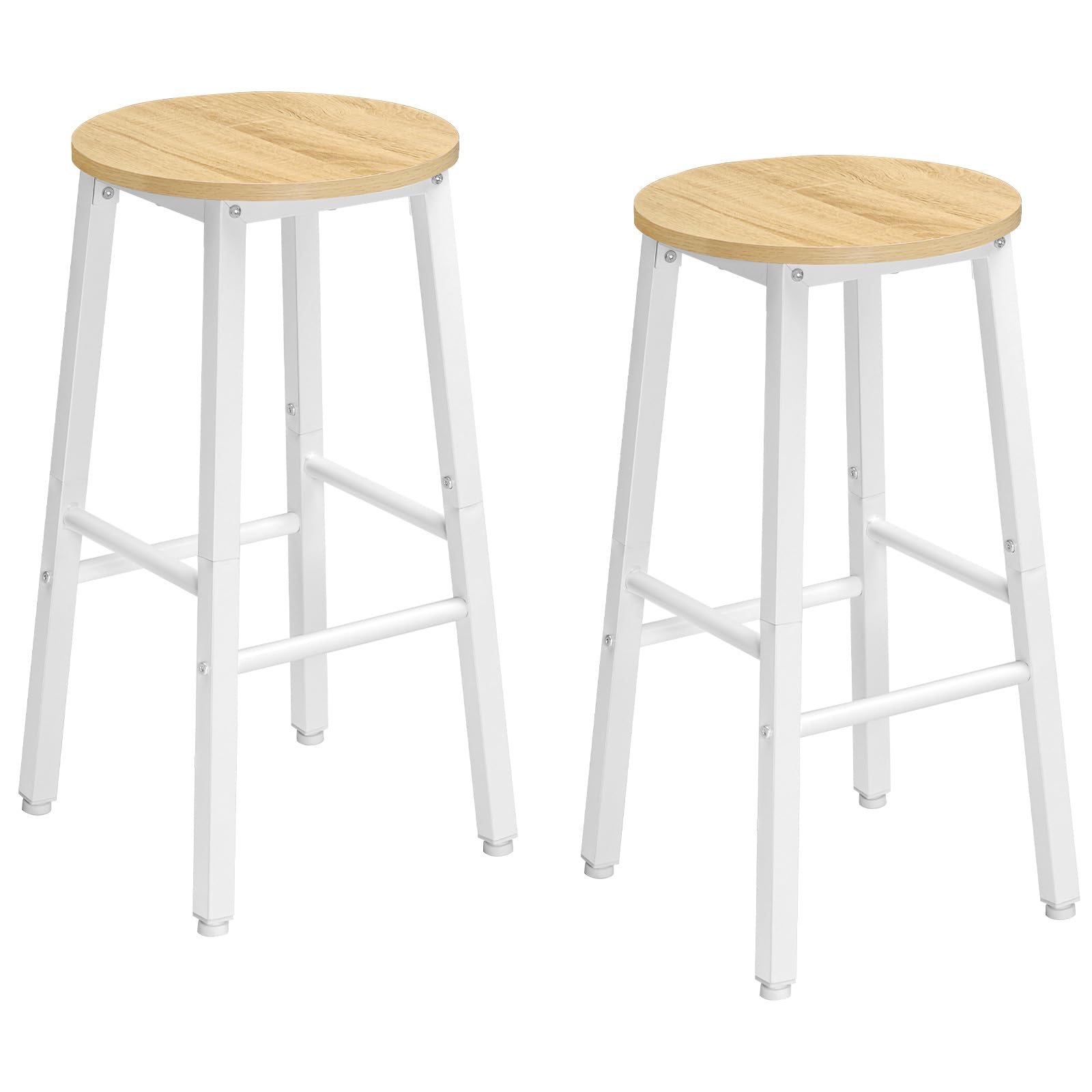 HOOBRO Juego de 2 Taburetes Altos de Bar, Sillas de Cocina y Comedor, con 2 Reposapiés de Distinta Altura, Pies Ajustables, Blanco y Natura EWN07BY01G1