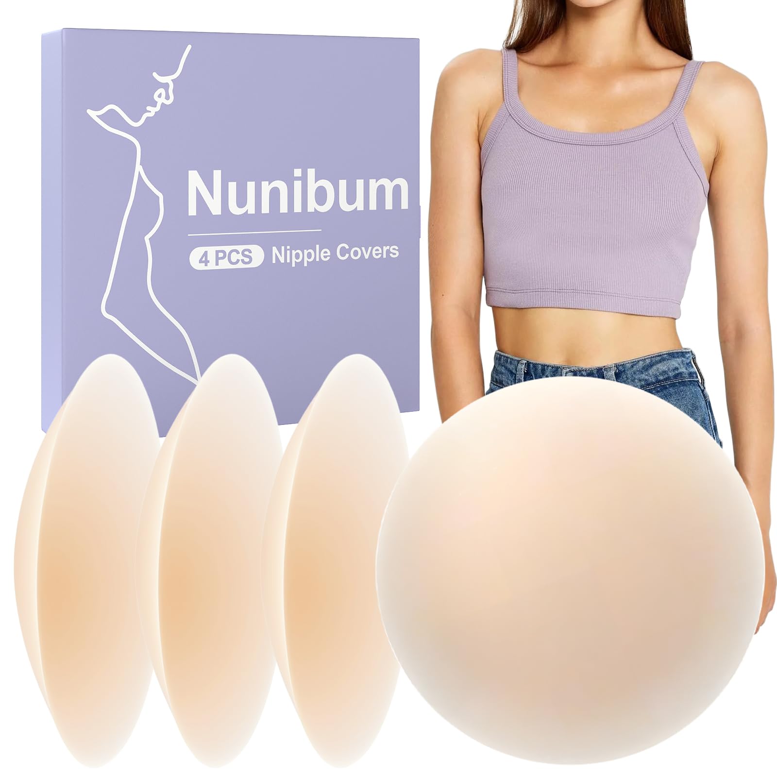 Nunibum Nipple Covers for Women 2 Pairs - Reusable Adhesive No Show Pasties, Sticky Invisible Silicone Breast Petals