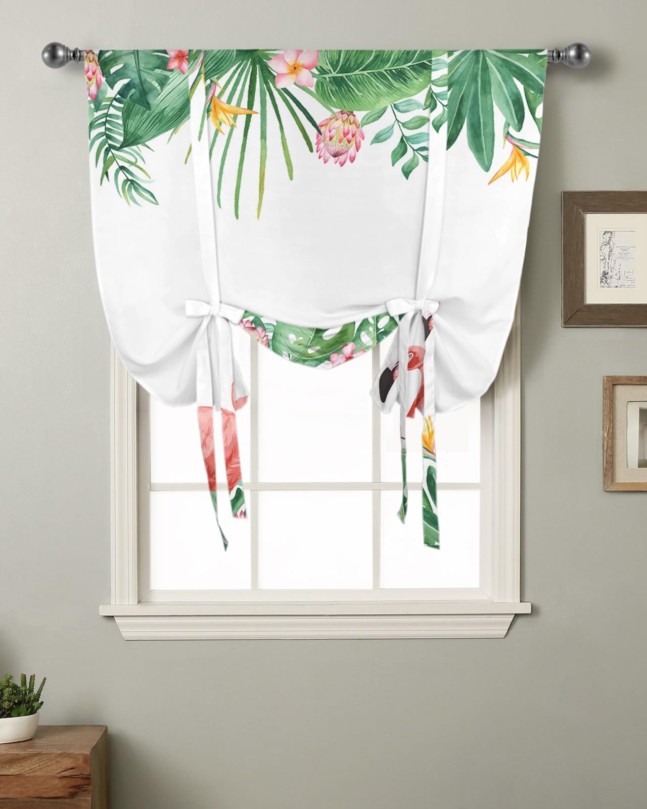 Yukro Tie Up Curtains Window Shades, Summer Tropical Plants with Pink Flamingos Rod Pocket Tie Up Window Shade, Adjustable Balloon Curtain Shade for Blinds Kitchen Bathroom, 1 Panel, 34