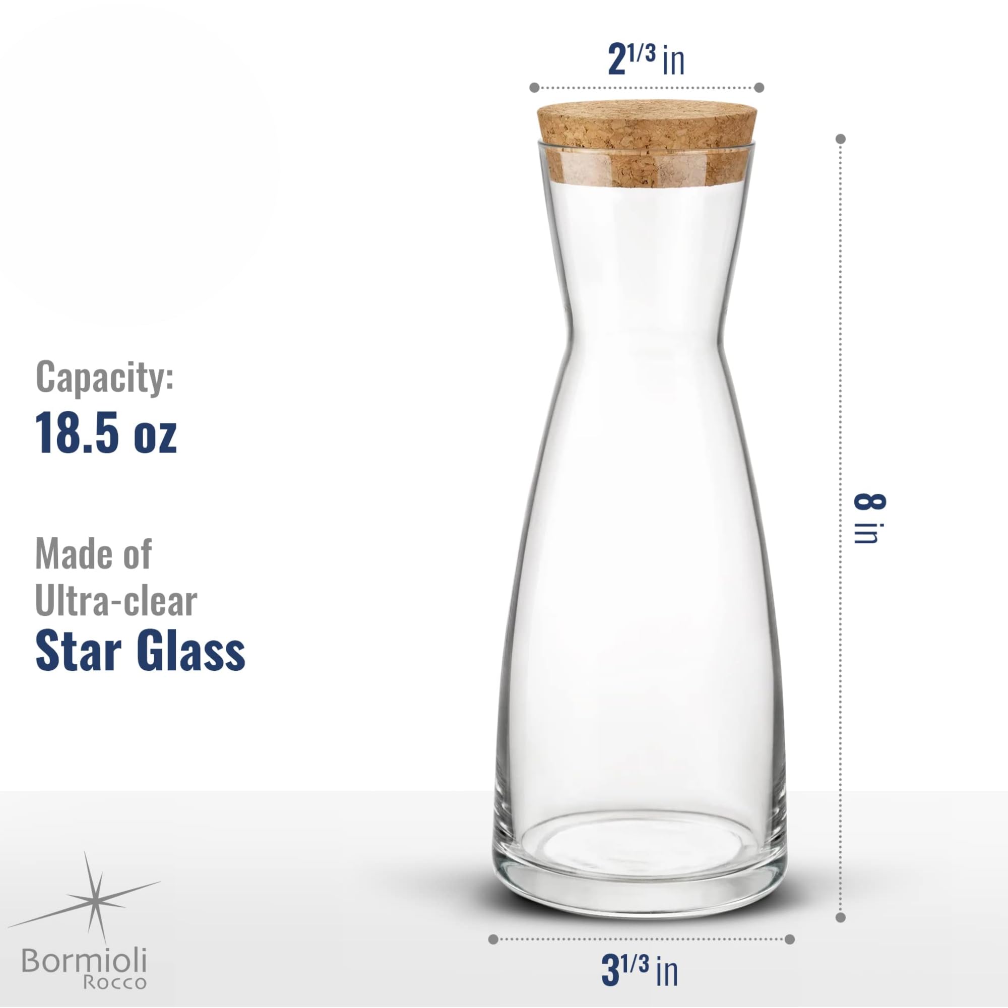 Bormioli Rocco Ypsilon Karaffe mit Korkdeckel - 524.5 g Star Glas Wasserkrug & Saftkaraffe mit modernem Design breite Öffnung für Eis - Stilvolles Trinkgeschirr für Küche oder Unterhaltung