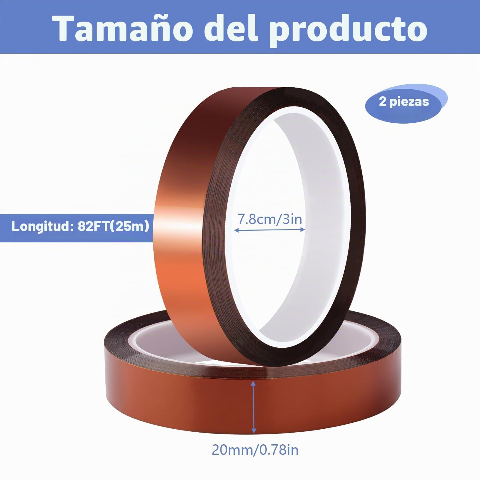 2 rollos de cinta adhesiva Kapton, 20 mm x 25 m, resistente al calor, cinta aislante de alta temperatura, cinta térmica para placas de circuito impreso electrónicas por sublimación