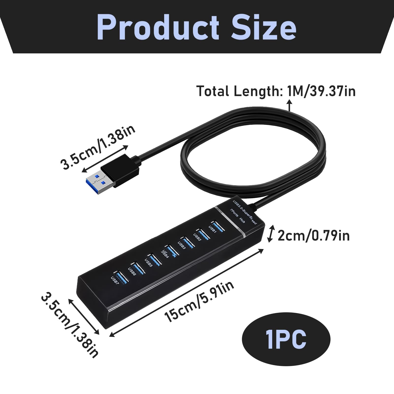 Hub 7 portów USB 3.0, rozdzielacz 5 Gbps z kablem 100 cm, super Speed Hub, adapter multiportowy, kompatybilny z laptopami, drukarką, myszką, klawiaturą, Xbox, PS4, napędem flash, adapterem OTG