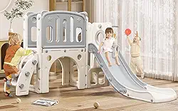 Escorrega, Parquinho, Escorregador 3 Degraus, Escorregador de Plástico, 7x1, Compacto E Fácil Montagem, com Escorregador, Cesta de Basquete, Escalada, Luneta