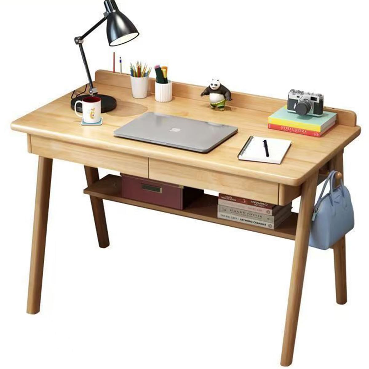 Scrivania per computer in legno massello con ripiano portaoggetti e ganci, scrivania per casa e ufficio per piccoli spazi, scrivania in legno per camera da letto, tavolo per laptop, postazione di