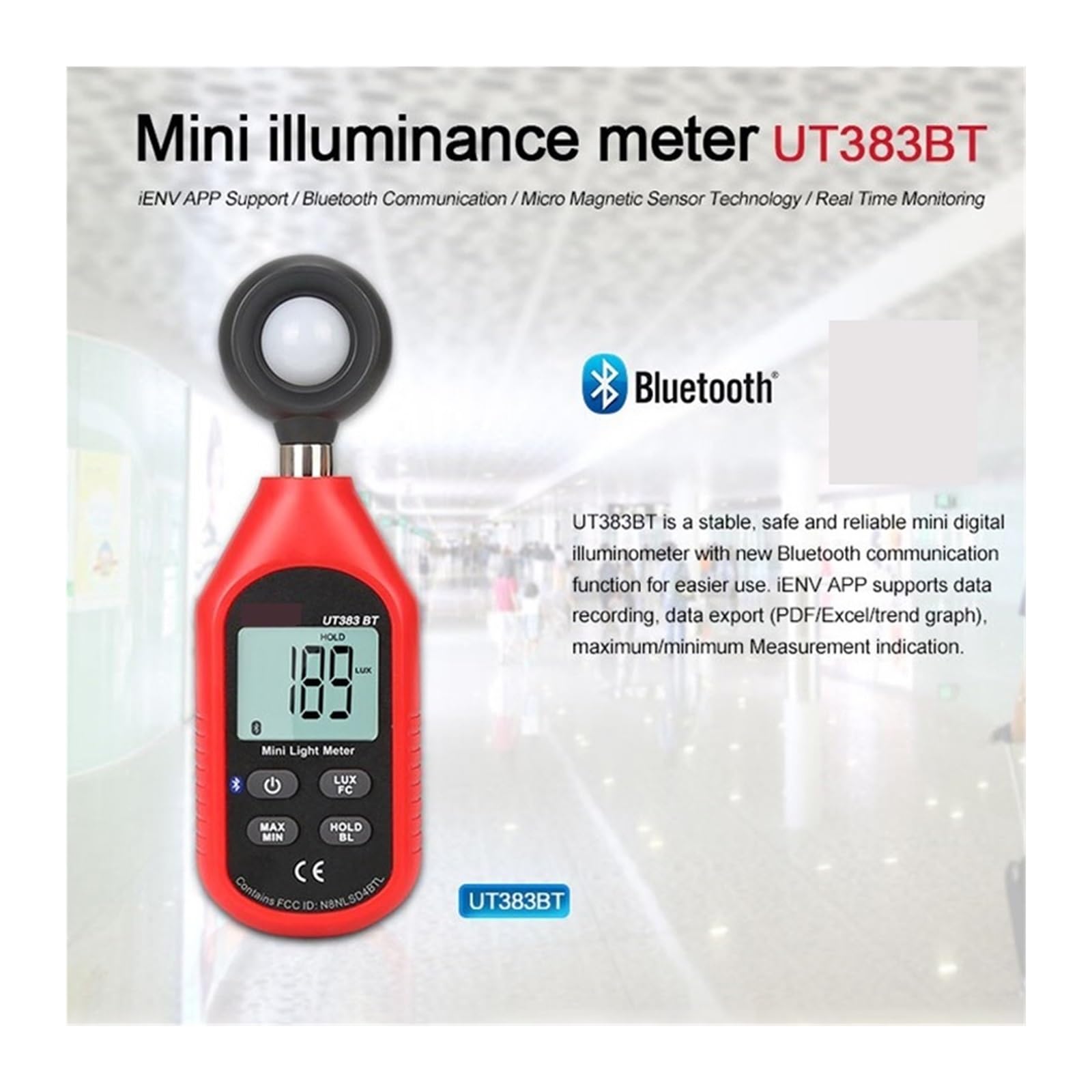 miernik UVB, UT383 UT383BT Cyfrowy luksomierz Tylko UT383BT Bluetooth Mini światłomierz Sprzęt do testów środowiskowych Ręczny iluminator(UT383BT)