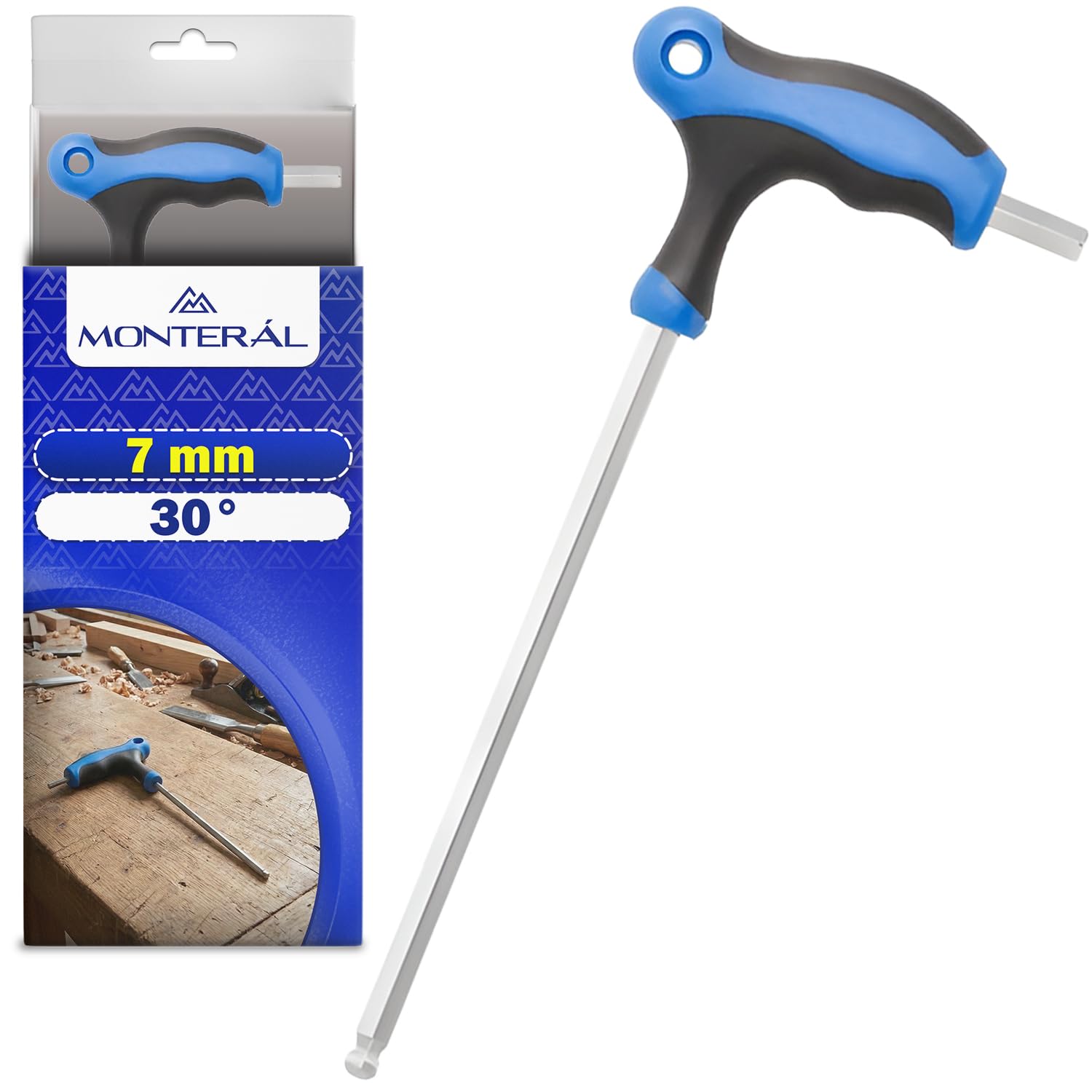 MONTERAL Llave Allen con Mango en T con Punta Esférica 7 mm - Llave Hexagonal Permite Trabajar en Ángulos de Hasta 30° - Fabricada en Acero Aleado S2