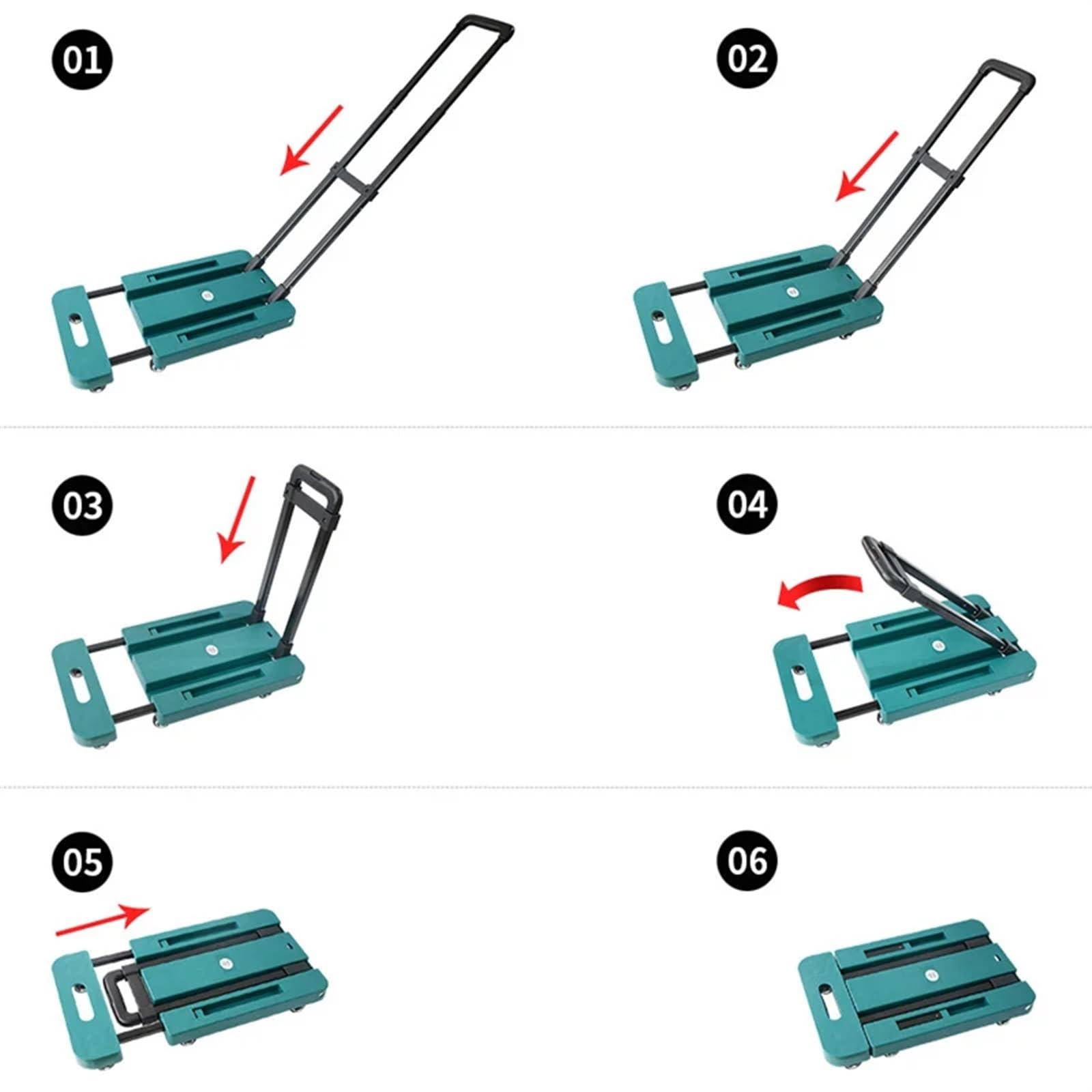 Carrello pieghevole in plastica, capacità 200 kg, 6 ruote, piattaforma piatta resistente per lo spostamento dei bagagli