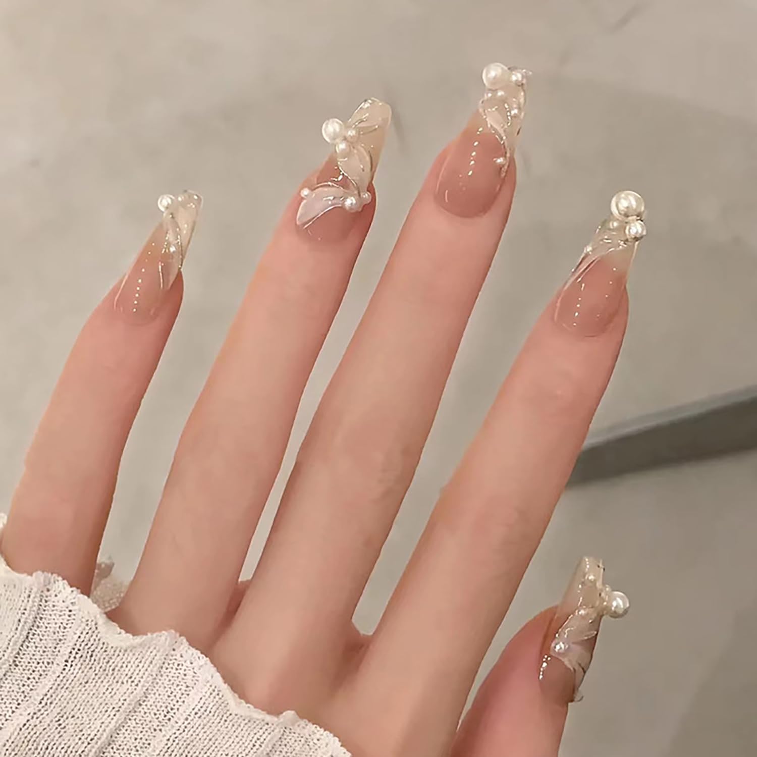 Nude Press On Ballet Shaped False Nails - Medium White Pearl Design, Reusable Acrylic Coffin Nails - Full Cover, Glue On Nature Fit Stick On Nails for
