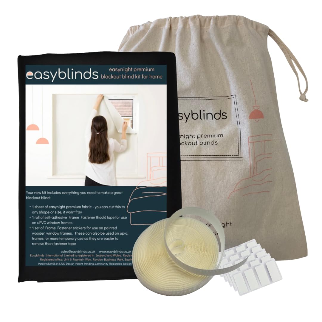 Easyblinds Easynight Premium blackout blind, thermal, self-adhesive attachments, OEKO-TEX fabric, BLACK, cut to any shape/size up to 270x135cm, Full Blackout, Easy To Use, Temporary Or Permanent