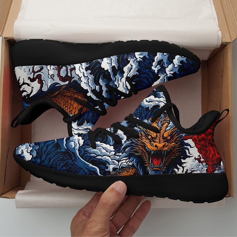 Men's Dynamic Dragon-Print Athletic Road Running Shoes Lightweight Walking Sneaker with Mythical Design Black Cool Tennis Shoes
