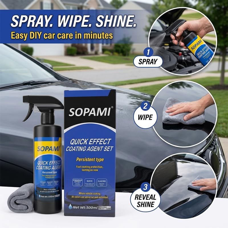 Sopami Spray de revestimiento de coche, agente de revestimiento de efecto rápido, capa rápida de cera de coche, spray de cera para arañazos de coche, lavado sin agua, limpiador de vidrio de emulsión