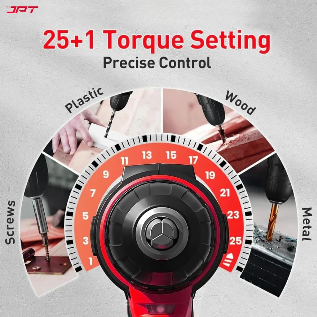 JPT Pro Series 21V Heavy-Duty Impact Cordless Drill Machine | Max. 40N.M Torque | Max. 0-1600RPM Speed | 10MM Keyless Chuck | 25+3 Gears Setting | 2000mAh Battery | One Year Warranty 4