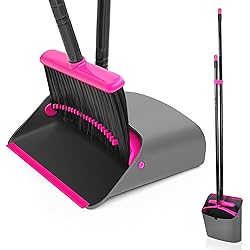JEHONN Broom with Dustpan Combo Set, Long Handle Lightweight Indoor Broom Set, Upright Standing Dust Pan with Comb Teeth Store Sweep Set for Home Room Kitchen Office Lobby (Rose Red)