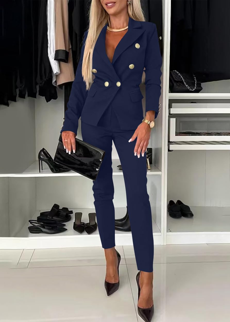 shownicer Tailleur Femme 2 Pièces Elegant Slim Fit Manche Longue Blazer Veste Formel Bureau Travail Pantalon Ensemble Blazer OL Couleur Unie Costumes Outfits