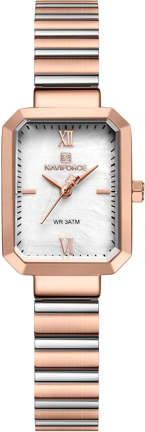 NAVIFORCE Woman Simple Retro Style Bracelet Stainless Steel Watches, Vintage Rectangular Case Watch for Women with Adjustment Tool