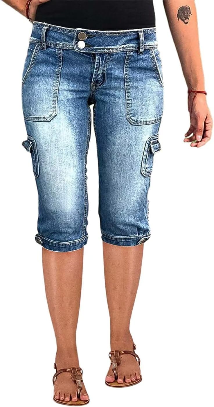 Flamingals Women's Star Flap Pocket Side Vintage Summer Low Waist Skinny Cargo Capris Jeans
