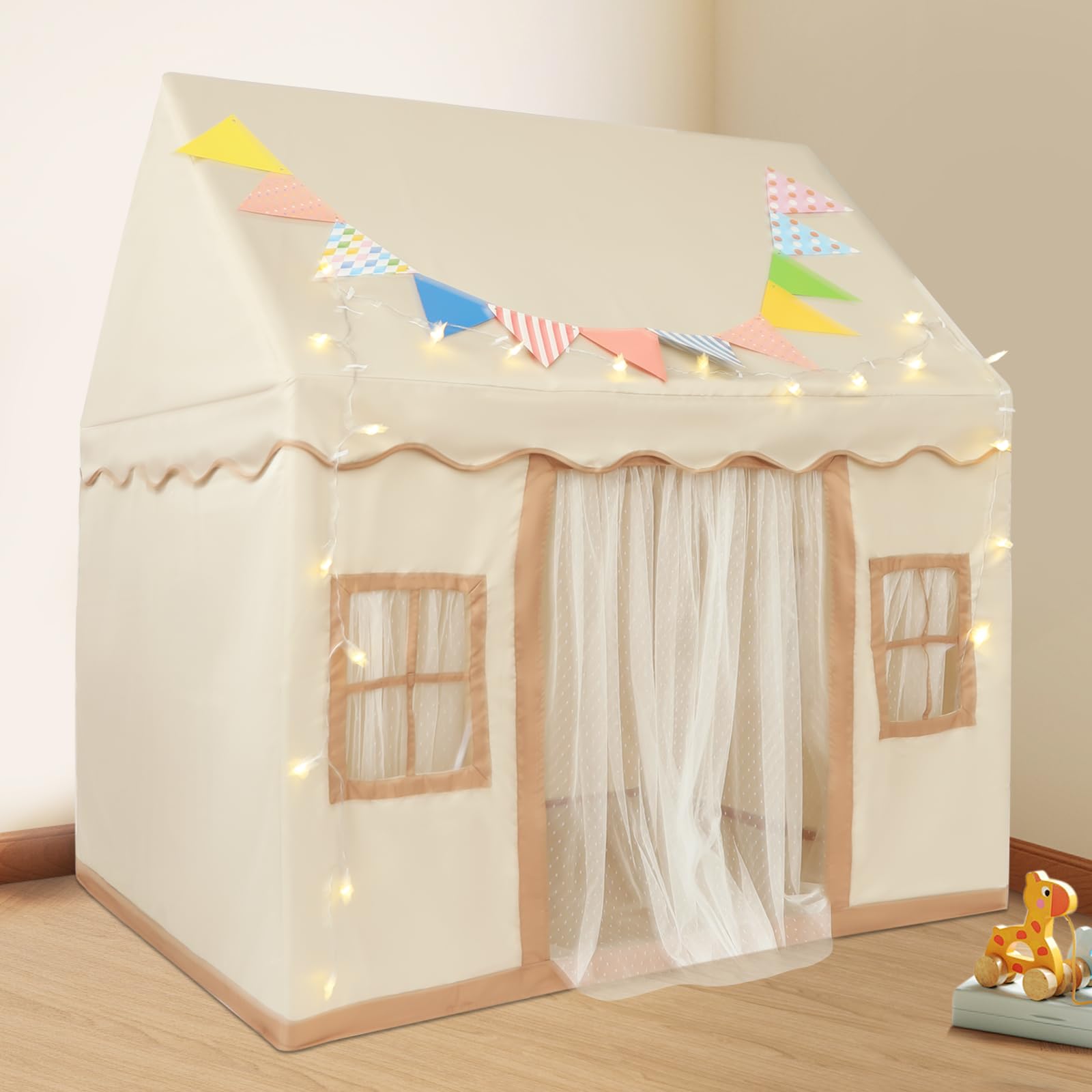 Tenda da gioco, 120 x 100 x 130 cm, colore kaki con tappeto ghirlanda LED 3 m, capanna Pop-up asilo pieghevole per ragazza ragazzo 1-6 anni, tenda interna esterna zanzariera regalo