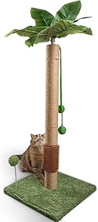 ANWA 35" Tall Cat Scratching Post for Kitten and Large Cats, Scratching Post for Indoor Cats with Self-Grooming Rubber Brush, Cat Sisal Post with Simulated Leaves