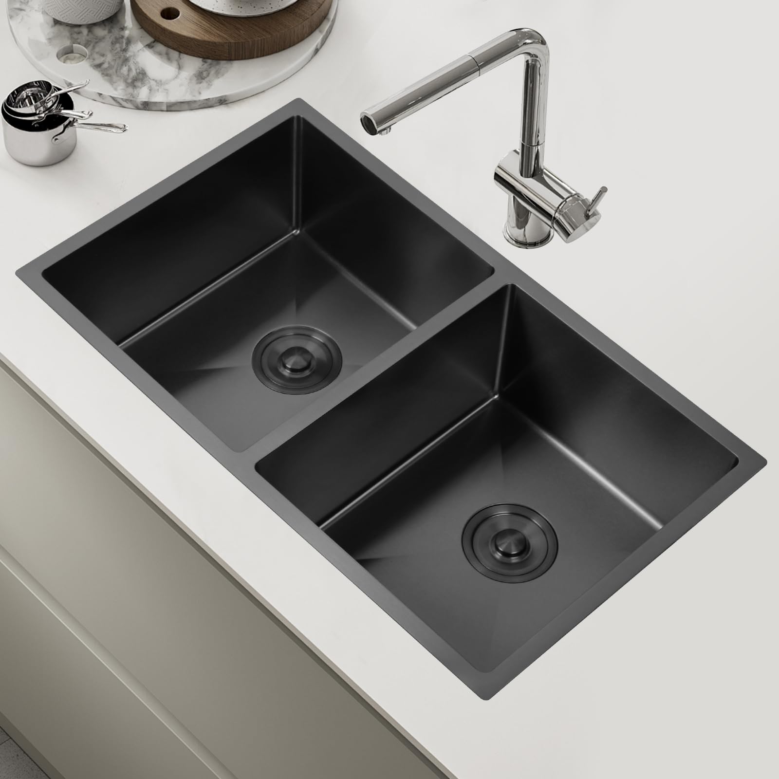 Fregadero Cocina 2 Senos 76x44cm, Fregadero de Cocina Negro de Acero Inoxidable, Fregadero Bajo/Encimera/Enrasado con Juego Desagüe (76 x 44 x 22cm)
