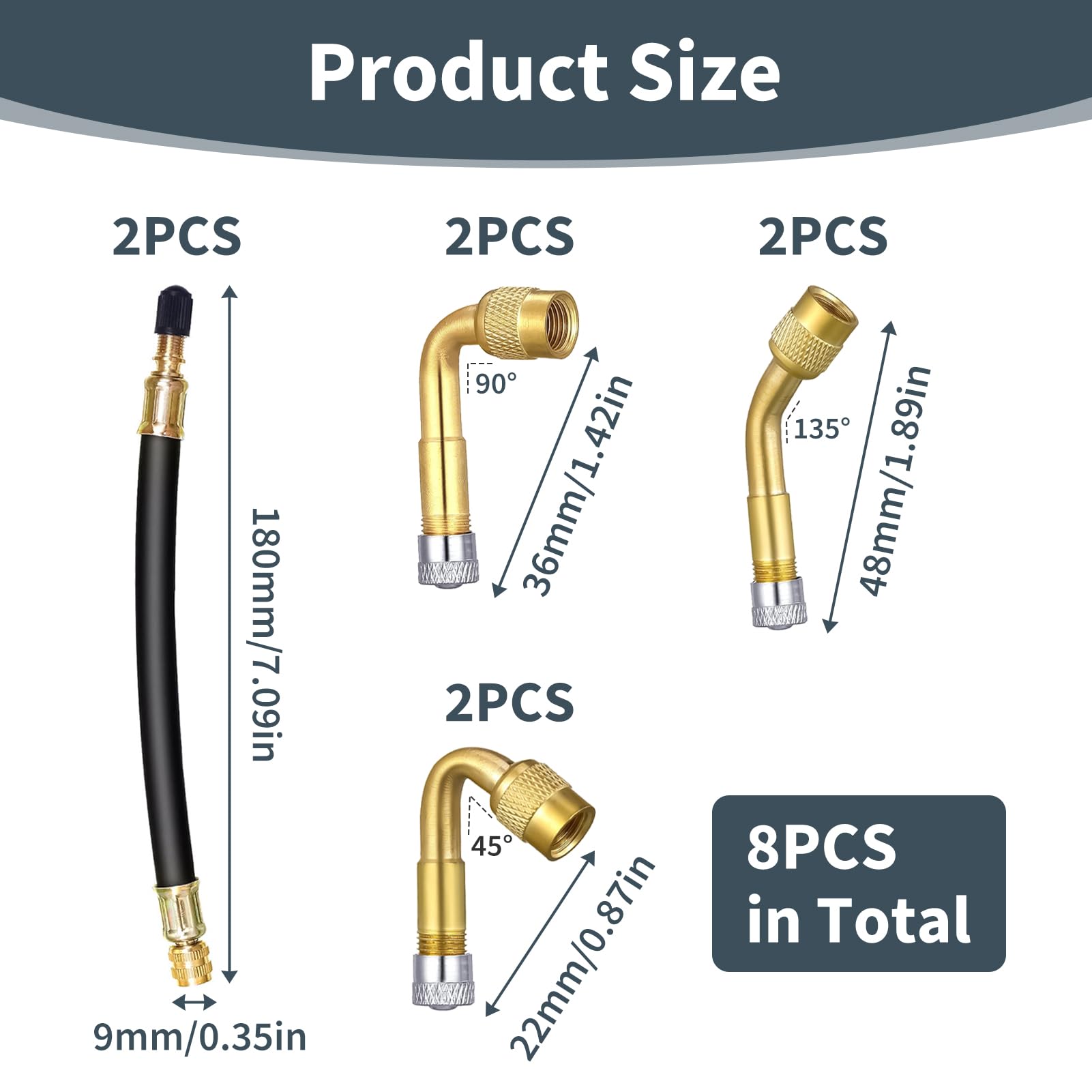 8 Pezzi Prolunga Valvola Pneumatico, Estensione Valvola Pneumatico Angolare 45° 90° 135°, con 2 Prolunghe Flessibili 180mm e 6 Cappucci Metallici, Adattatore Valvola Schrader per Auto Bici Scooter