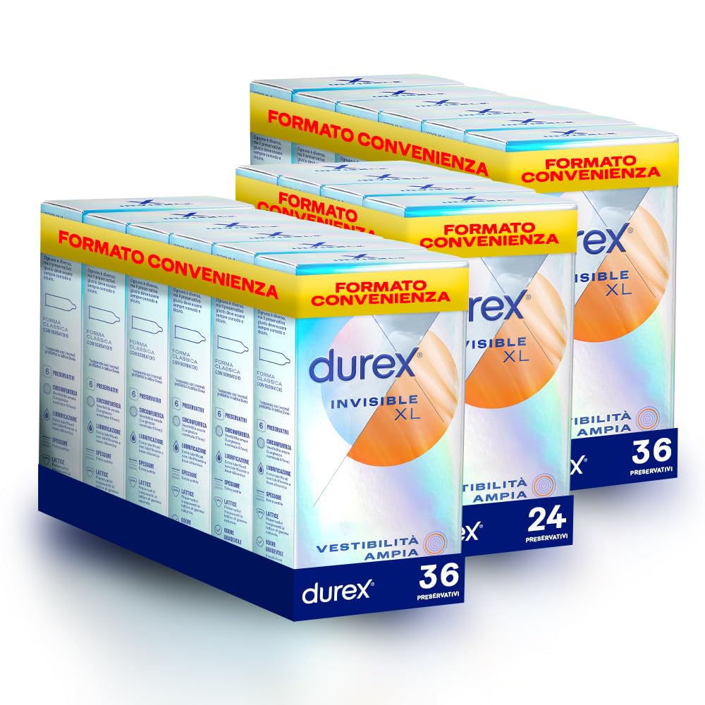 Durex Invisible XL, Preservativi Ultra Sottili e Extra-Large, 96 Preservativi, 16 confezioni da 6 Profilattici