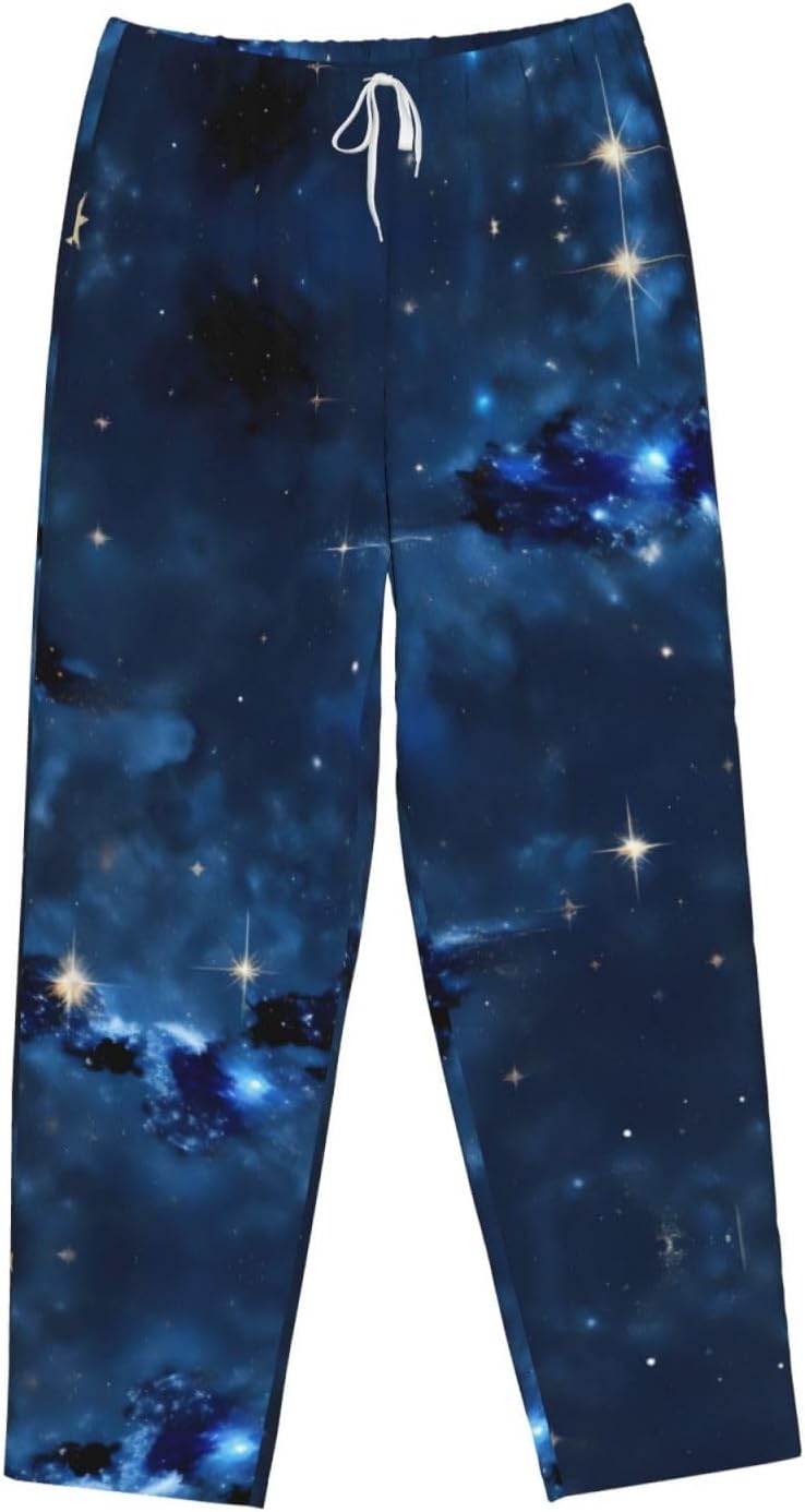 Blue Galaxy Print Cozy Flannel Pajama Pants For Women,Warm Christmas Pj Pants,Cute Fleece Pajamas