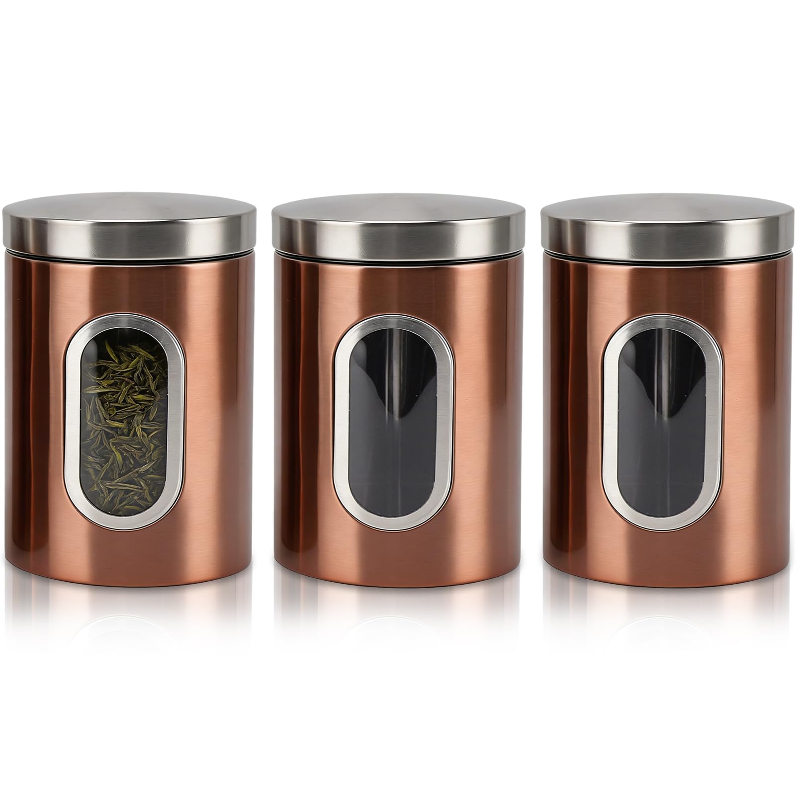 3Pcs Canisters Stainless Steel 1.5L Kitchen Storage Canisters with Secure Lids,Transparent Viewing Window Airtight Food Storage Tin Containers for Tea Coffee Sugar Flour and Sugar Cereal
