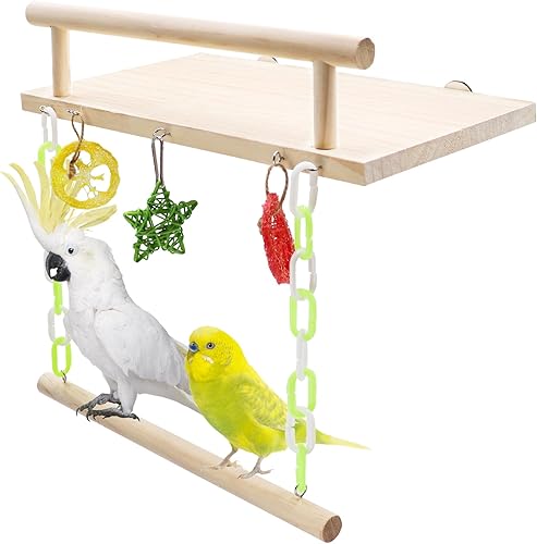 Plataforma de soporte para pájaros, juguete de perca de loro de madera natural con columpio, accesorios de jaula para animales pequeños, estante de