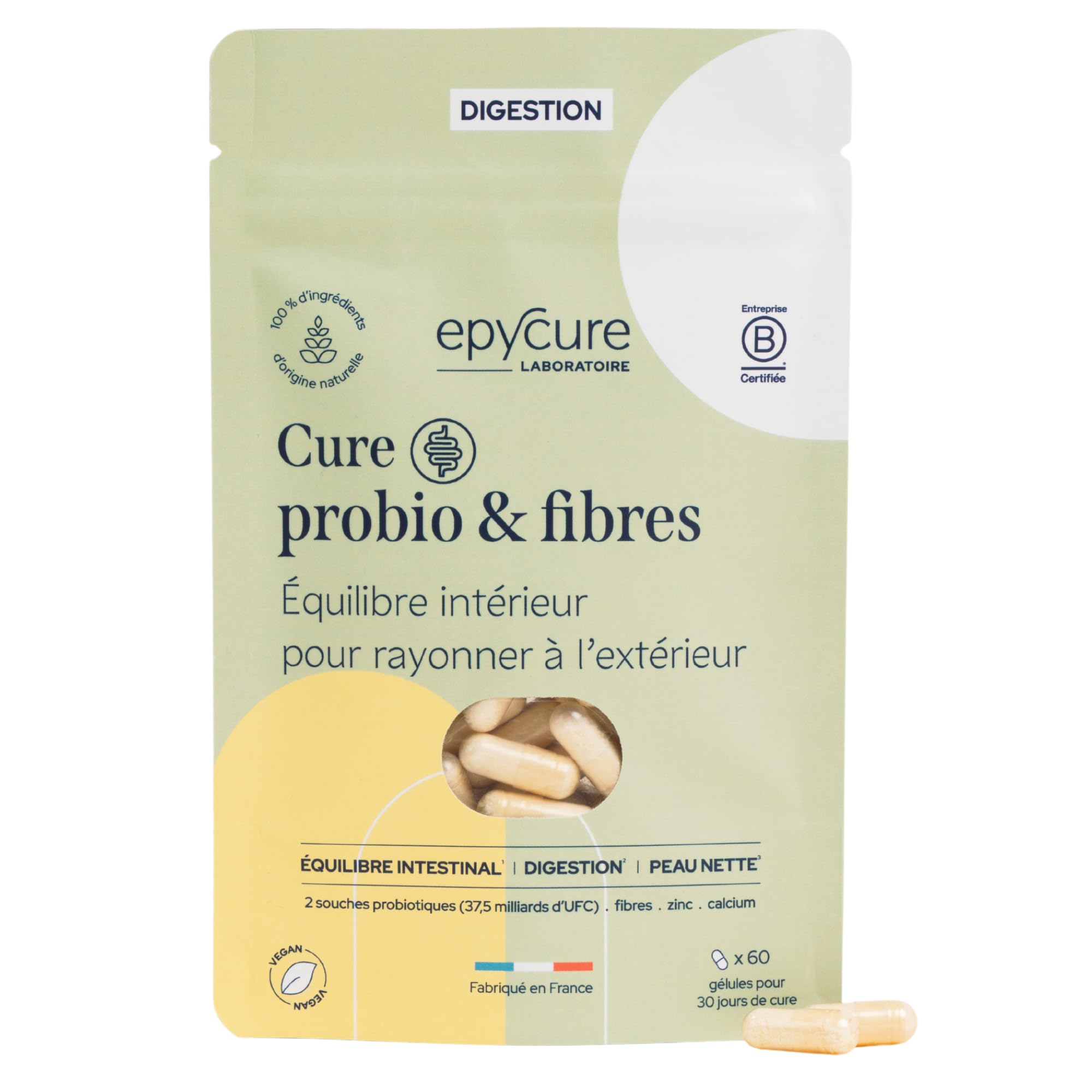 EPYCURE - Cure Complexe Probio et Fibres - Rééquilibre Microbiote Intestinal, Améliore Digestion - 100% Naturel - 4 Souches Probiotiques, Inuline, Calcium, Zinc - 1 Mois - Vegan - Fabriqué en France