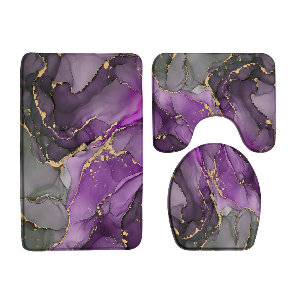 Sunhe 3 Piece Purple Gray Marble Bath Mat Sets Abstract Modern Texture Gold Stripes Ombre Luxury Watercolor Geometric Ink Art Bathroom Doormat Rugs,