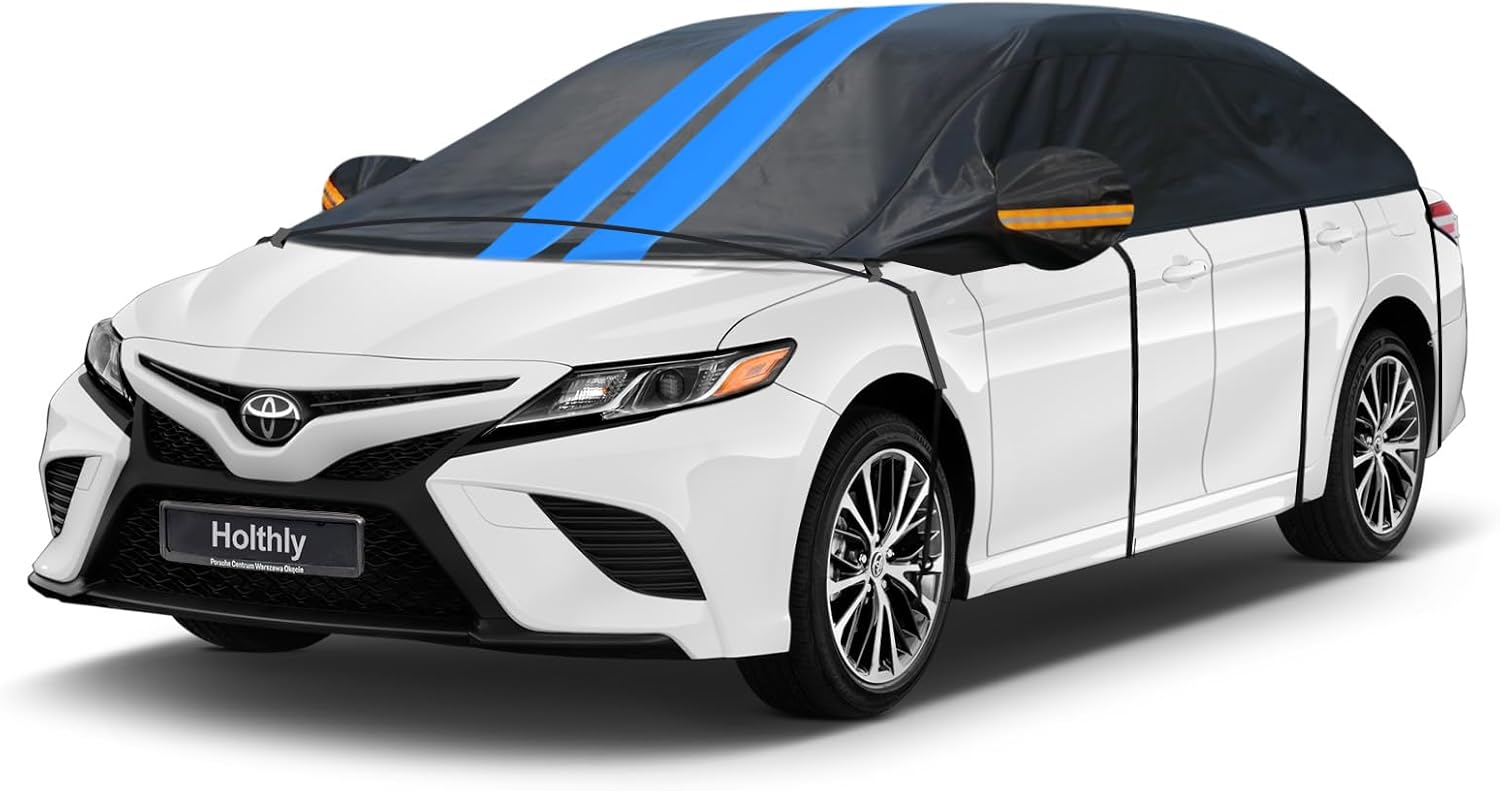 Half Car Cover Top for Sedan/Coupe/Cabrio, Windshield Cover for Ice and Snow, Roof Car Cover Waterproof All Weather with Reflective Strips and Side Elastic Hooks. H3 (Up to 139 inch)