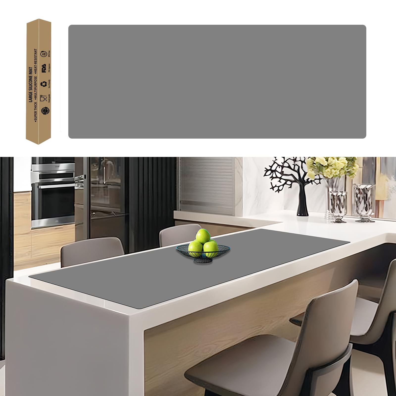 49.2''x15.7'' Extra Large Silicone Mat, 1.5MM Silicone Mats for Kitchen Countertop, Heat Resistant Mat Kitchen Island Countertop Protector, Waterproof Kitchen Counter Mats, Light Gray