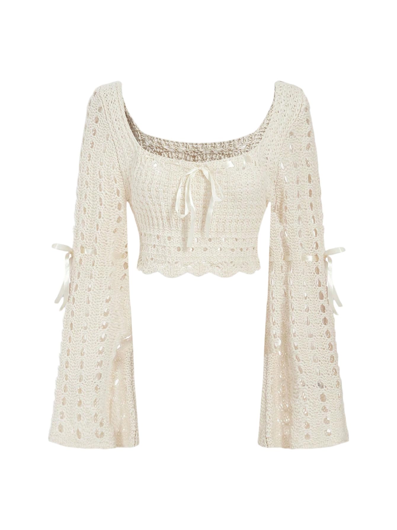 MakeMeChic Womens Crochet Square Neck Sweater Bow Hollow Out Bell Sleeve Crop Pullover Tops