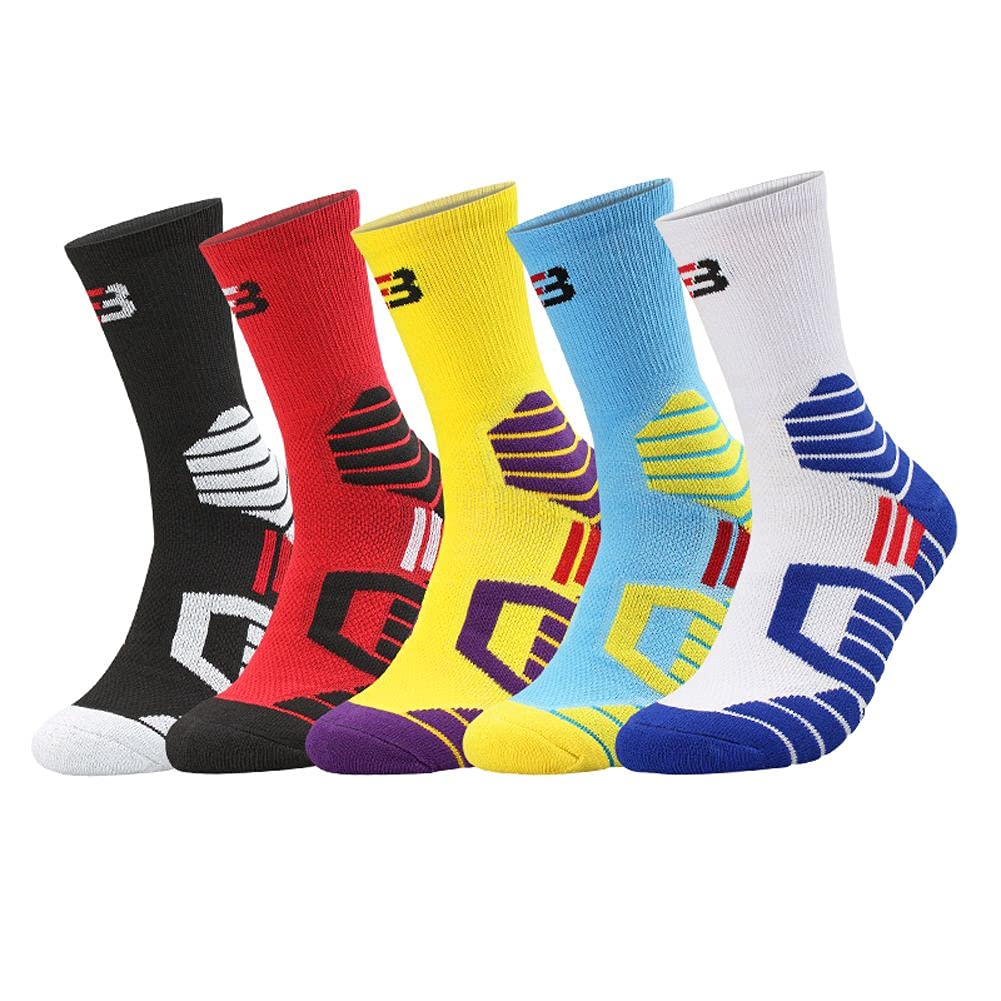 Basketball Socks, Cushioned Athletic Sports Socks, 5 Pack Compression Crew Socks for Boy Girl Men Women