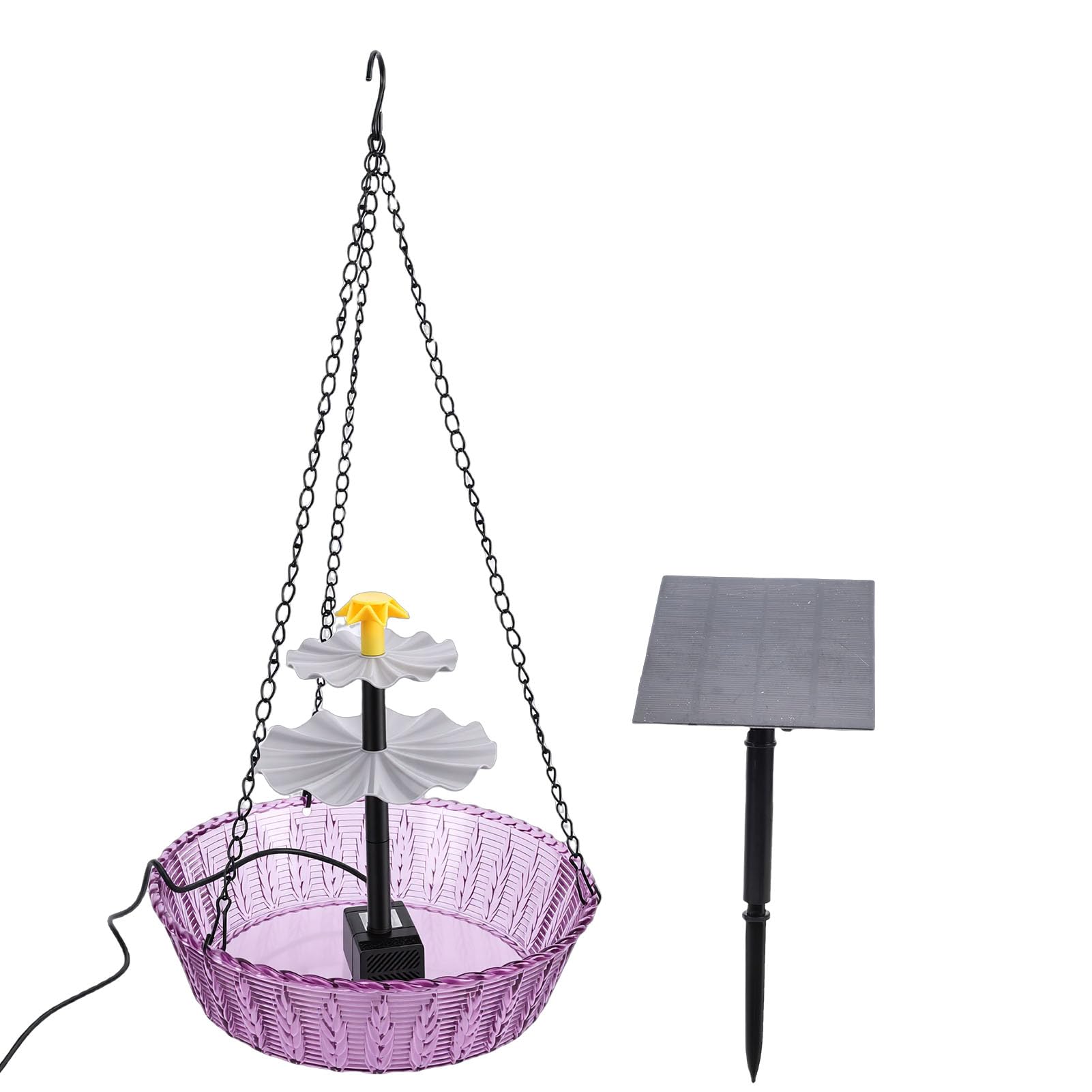 Solar-Hänge-Vogelbadbrunnen für den Außenbereich, 3-lagige kaskadierende Vogelbadschale aus Kunststoff mit Solarsprudler, Flache oder hängende Platzierung für den