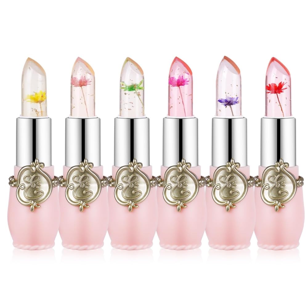 LOPHE Clear Flower Jelly Lipstick, 6Pcs Magic Temperature Color Change Lip Balm, Long Lasting Moisturizing Lip Gloss Set, Nutritious Crystal Lip Stick Makeup Set, Great Gift for Women and Girl