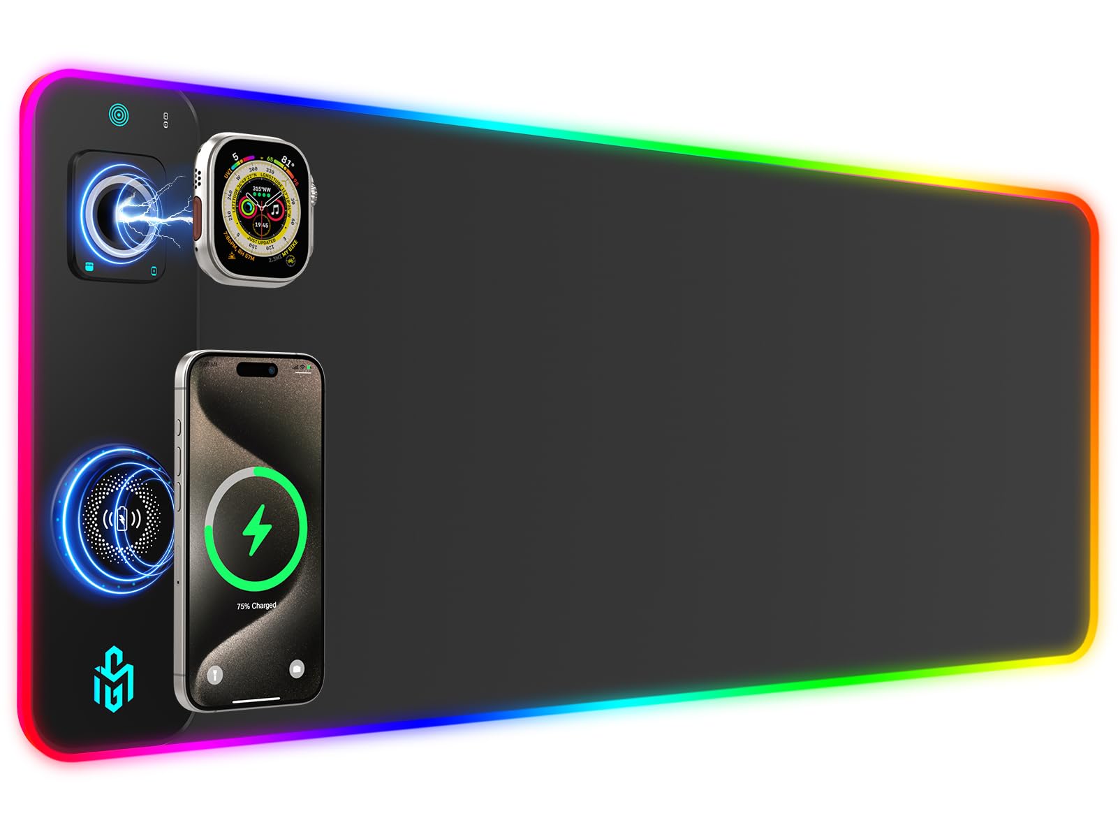 Alfombrilla de ratón RGB Gaming 15W Qi Mousepad LED, 10 modos de iluminación con carga rápida de 15W Qi carga inalámbrica para I-Phone teléfono móvil, auriculares, impermeable, antideslizante para