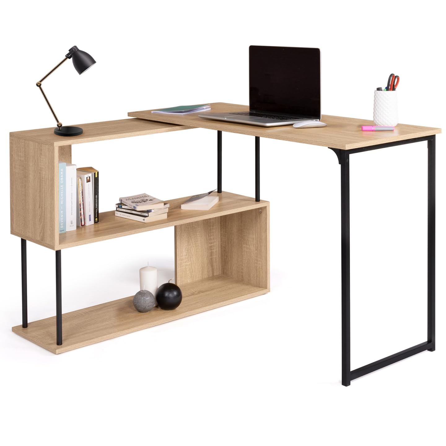 IDMarket - Bureau d'angle Rotatif 180° Detroit étagère Forme S Design Industriel
