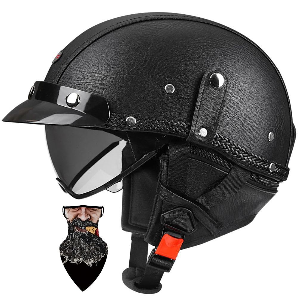 Retro Leder Halbschalenhelm ECE-zertifizierter -Design mit Hochfestem ABS PC-Visier - Abnehmbares Innenfutter, Schnellverschluss, für Chopper/Moped/Roller - HerrenDamen (C, L57~58CM)