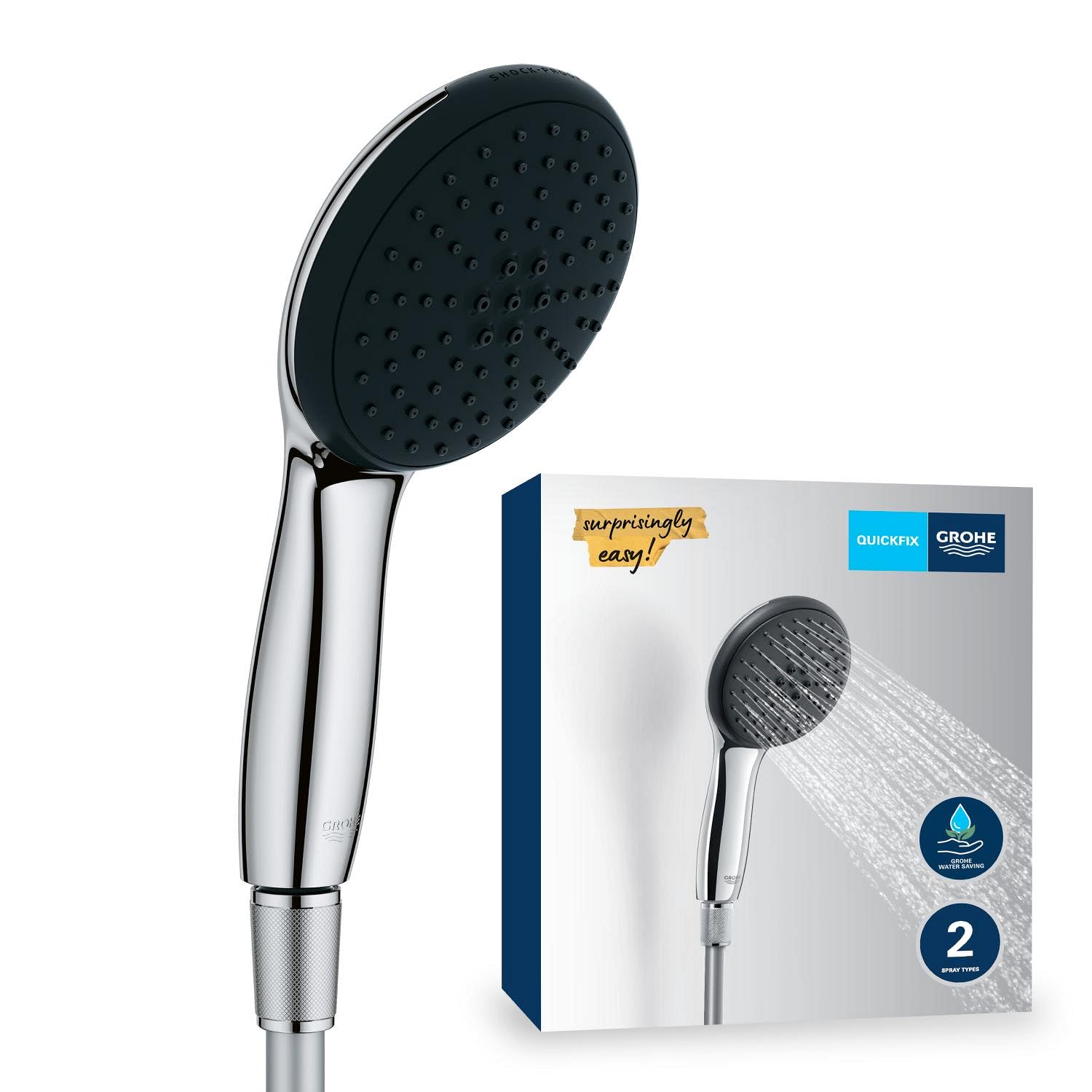 GROHE QuickFix Vitalio Start 110, Ensemble de douche avec Douchette Ronde 2 jets (Pluie et Stimulant) avec Flexible 1,5m, Economie d'Eau, Sélection Facile, Procédé Anti-Calcaire, Chromé, 2696010E