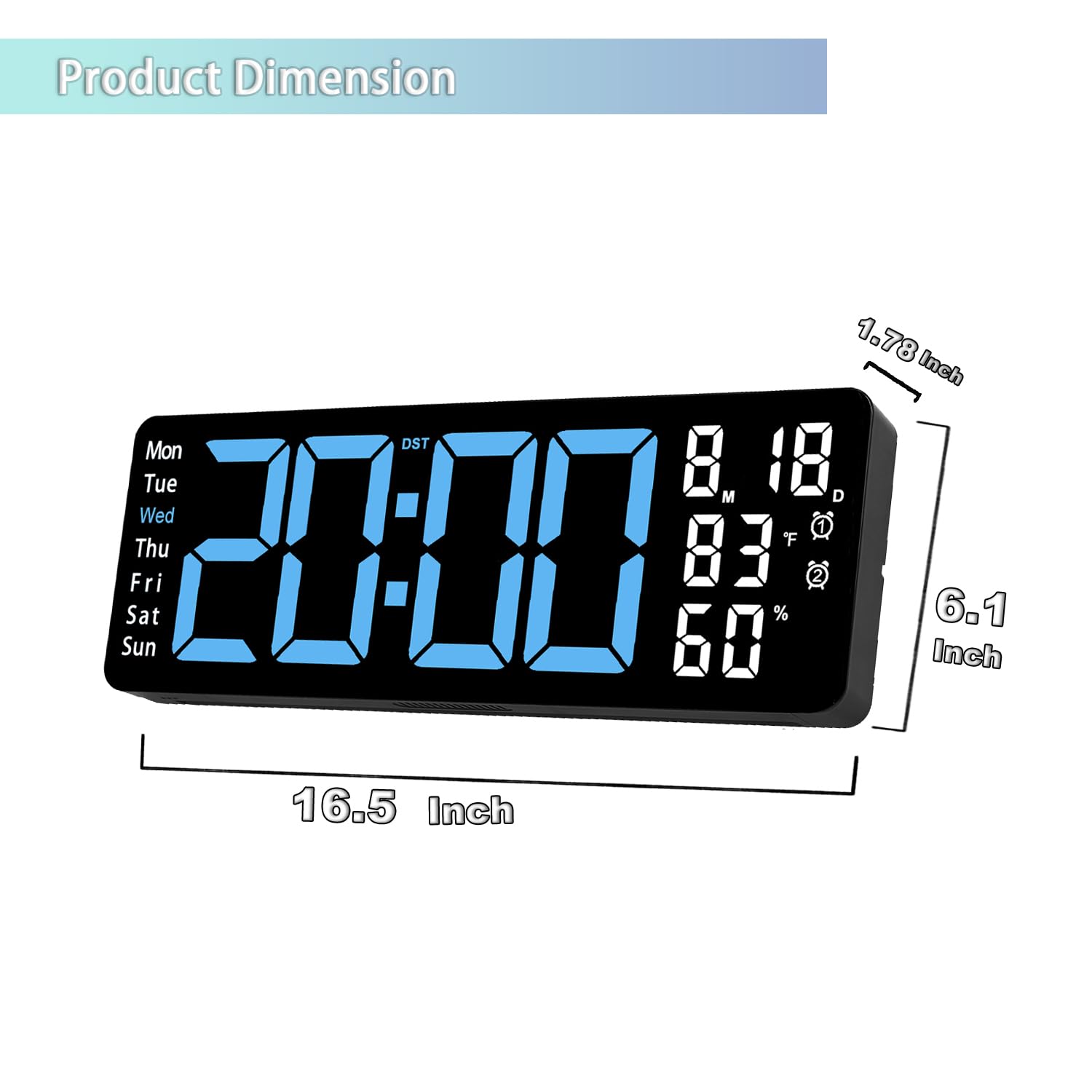 Horloge murale numérique LED bleue de 44,5 cm avec 8 couleurs de lumière ambiante | Affichage de l'heure, de la date, du jour, de la température et de l'humidité, deux alarmes, compte à rebours et