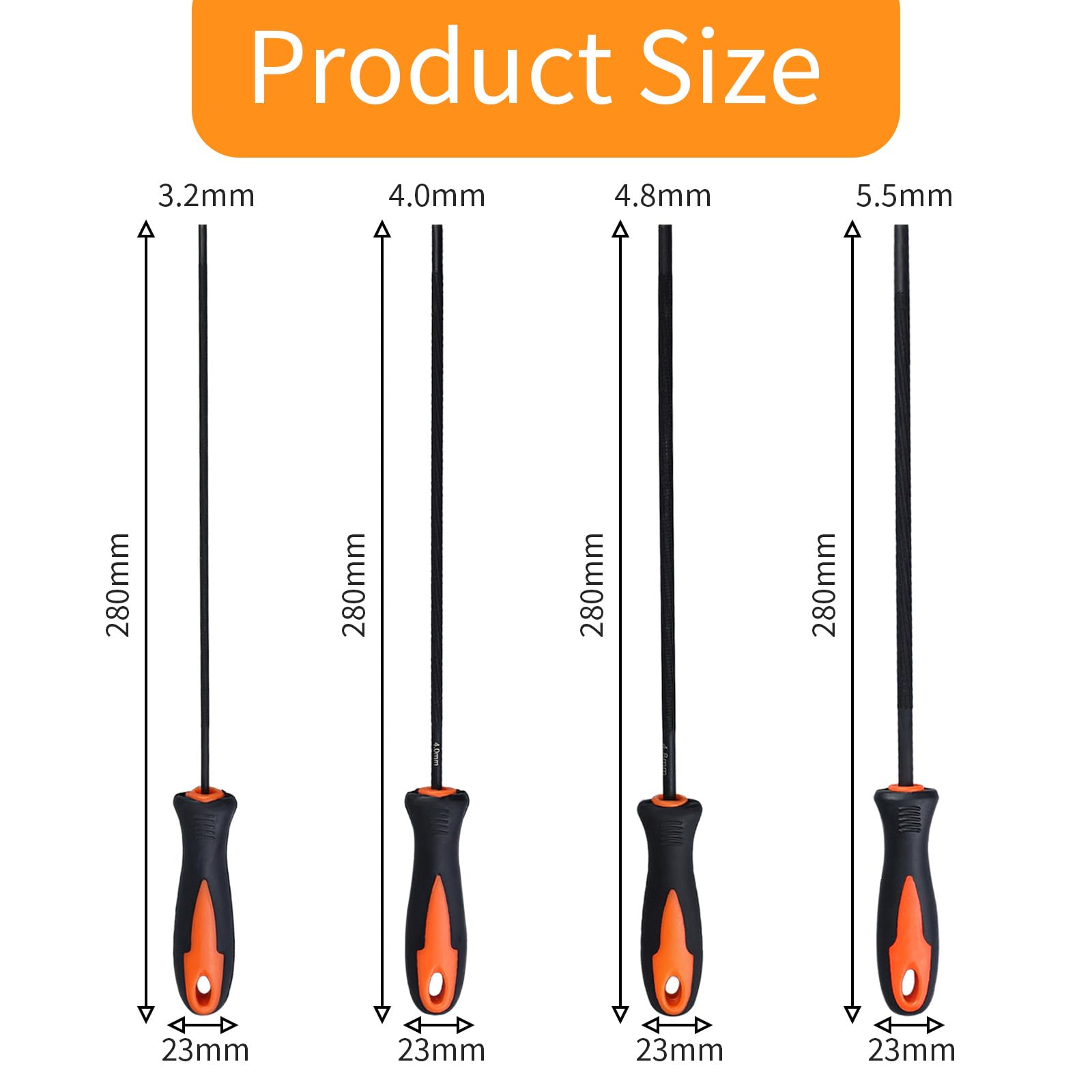 Set di lime per motosega, 4 pezzi, 3,2 mm, 4,0 mm, 4,8 mm, 5,5 mm, lime per motosega con impugnatura ergonomica, affilatura precisa per motoseghe piccole e grandi