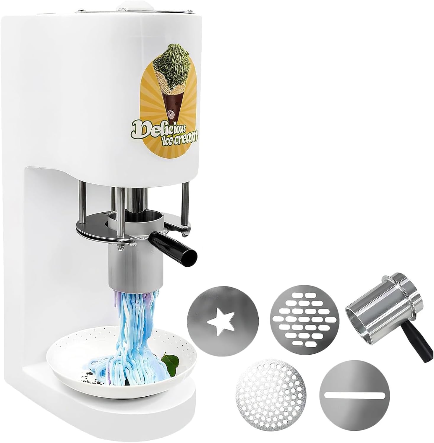 Commerical Spaghetti Ice Cream Maker, 80W Ice Cream Noodle Maker with 4 Shape Molds, 7.4-7.9 Gal/Hr Output, Professional Ice Cream Noodle Extruder for Ice Cream Store, Bars, Cafes,Restaurant,Snack Bar