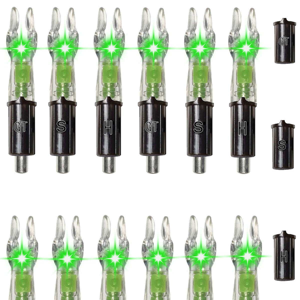 LightingU 12pcs X Lighted Nocks for Arrows with .204'' .233'' .244'' .246'' Inside Diameter with H, S, GT Bushings, High-Visibility Light Up Nocks with ON/Off Switch for Archery Green
