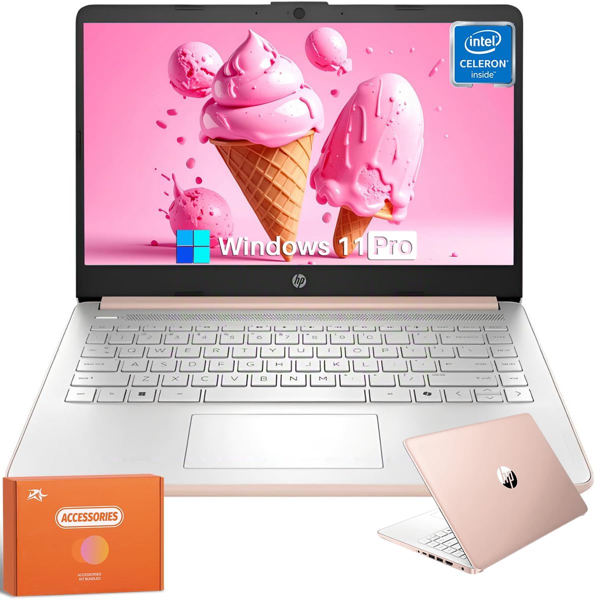 HP 14 Inch Laptop, Intel N150, 16 GB RAM, 384 GB Storage, Webcam, WiFi, HDMI, Windows 11 Pro, Rose Gold