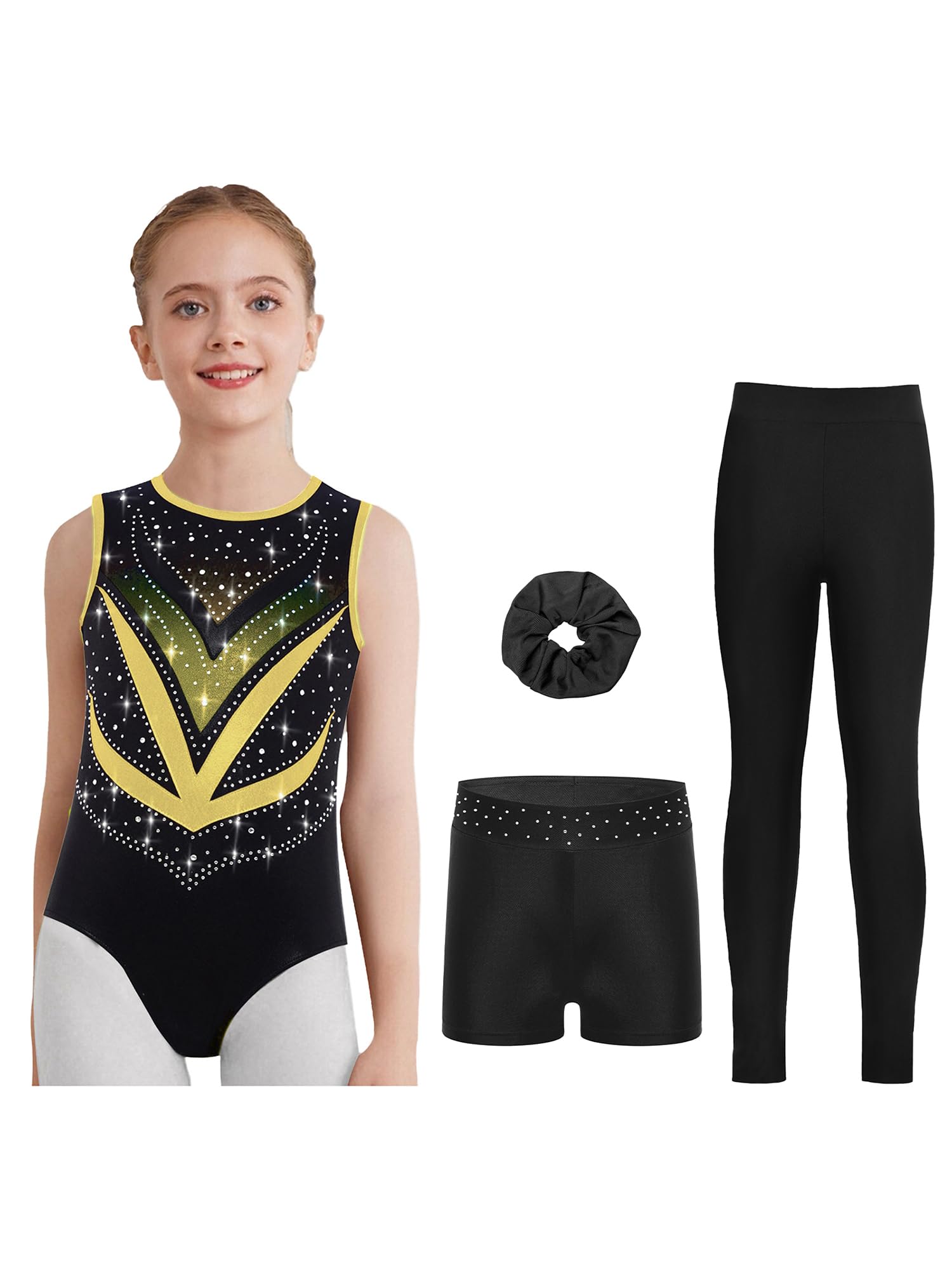Pezzi Tutu Da Ginnastica Per Bambina Scintillante Tutu Da Ginnastica Con Pantaloncini Shorts Fazzoletto Per Capelli Leotard Da Da Maglia Da Per Competizioni Oro 5-6 anni