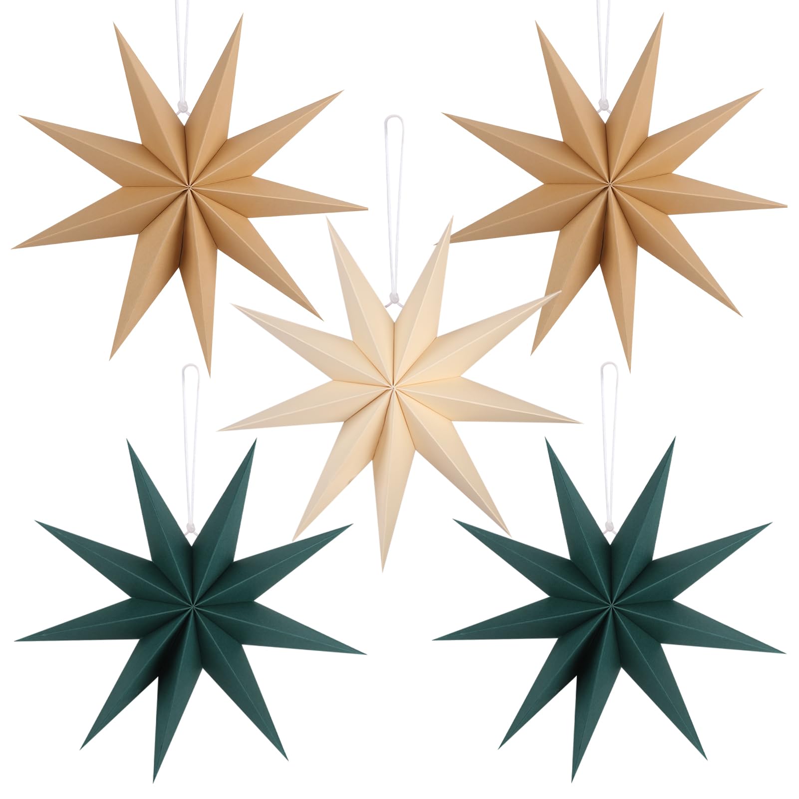 12 Inches 5 PCS Brown Green Beige Paper Star Lanterns Christmas Party Decorations Hanging Stars Christmas Party Decorations Wedding Birthday Christmas Home Party Decorations(9 Pointed)