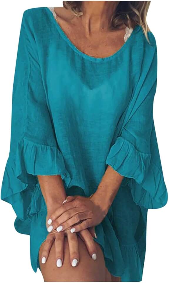Vestido feminino de manga 3/4, roupa de banho para mulheres, gola redonda, linho, praia, havaiano, peplum 2024